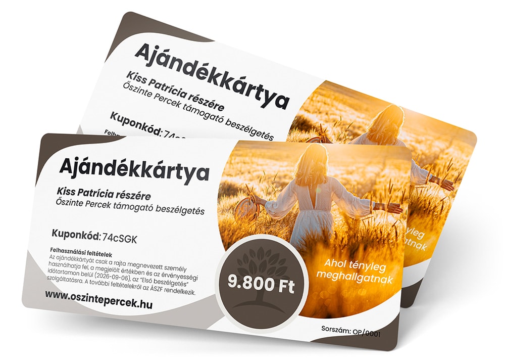 Ajándékkártya az Őszinte Percek beszélgetésre Élmény és figyelem ajándékba vásárlás Őszinte Percek beszélgetésre Ajándékkártyával